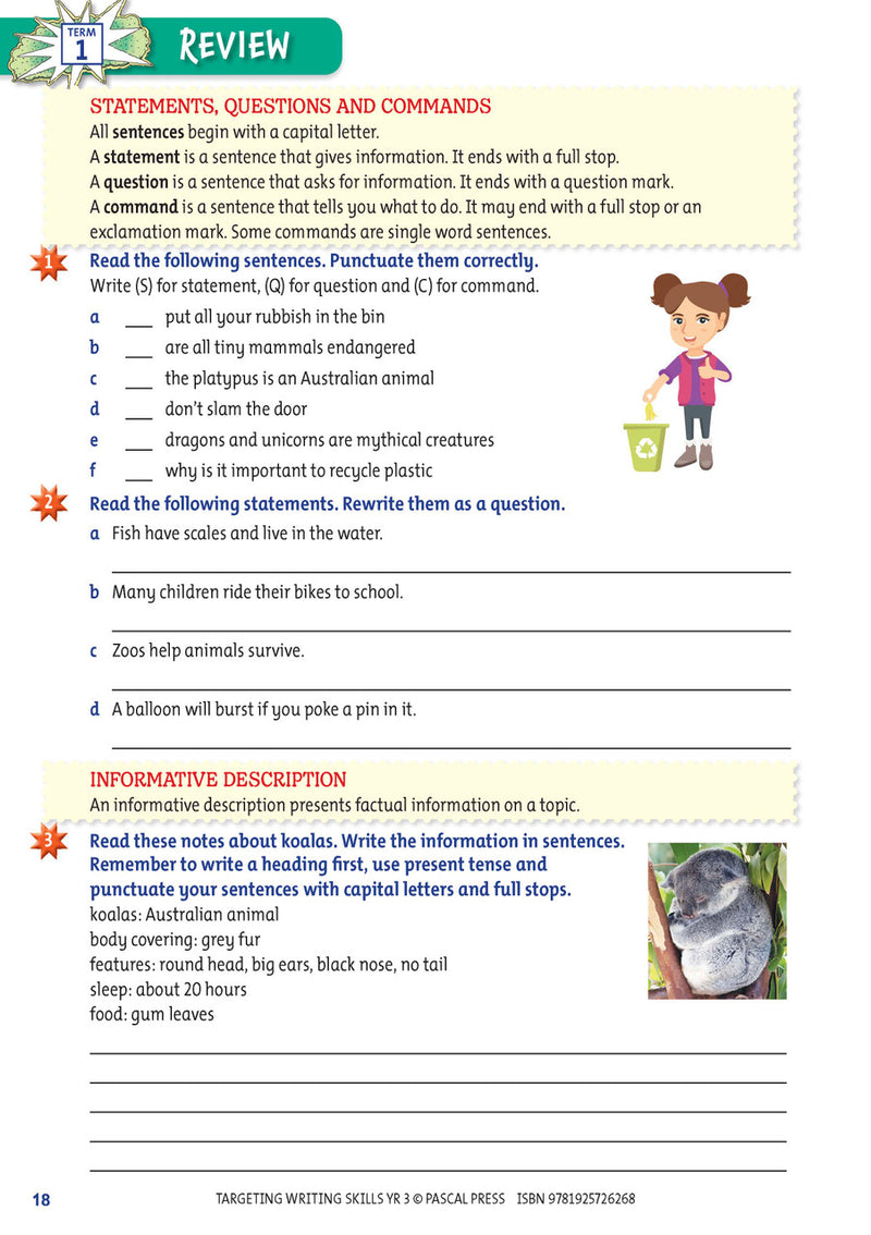 Sample interior page from Targeting Writing Skills Year 3 showing part of a writing unit