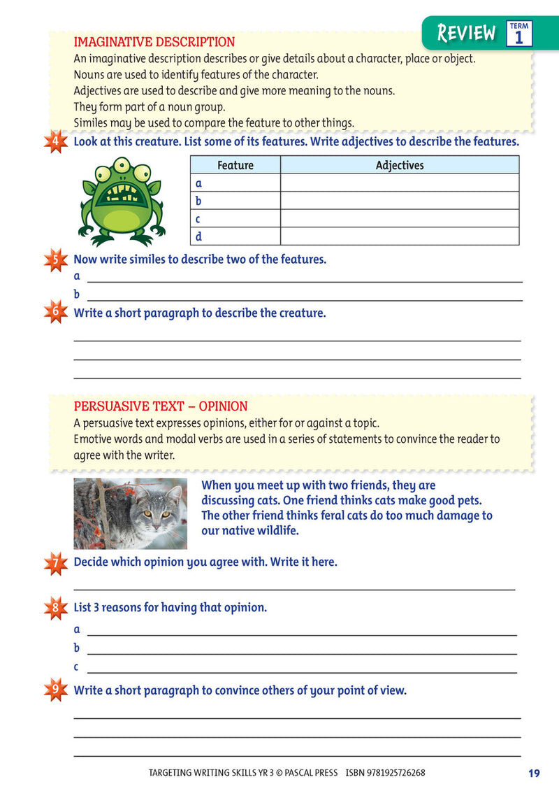 Sample interior page from Targeting Writing Skills Year 3 showing part of a writing unit
