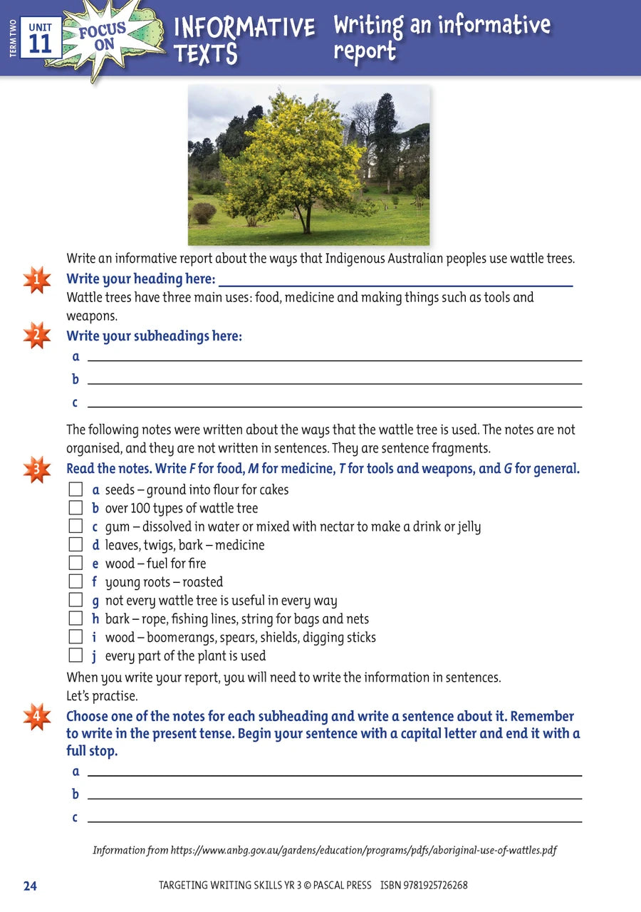 Sample interior page from Targeting Writing Skills Year 3 showing part of a writing unit