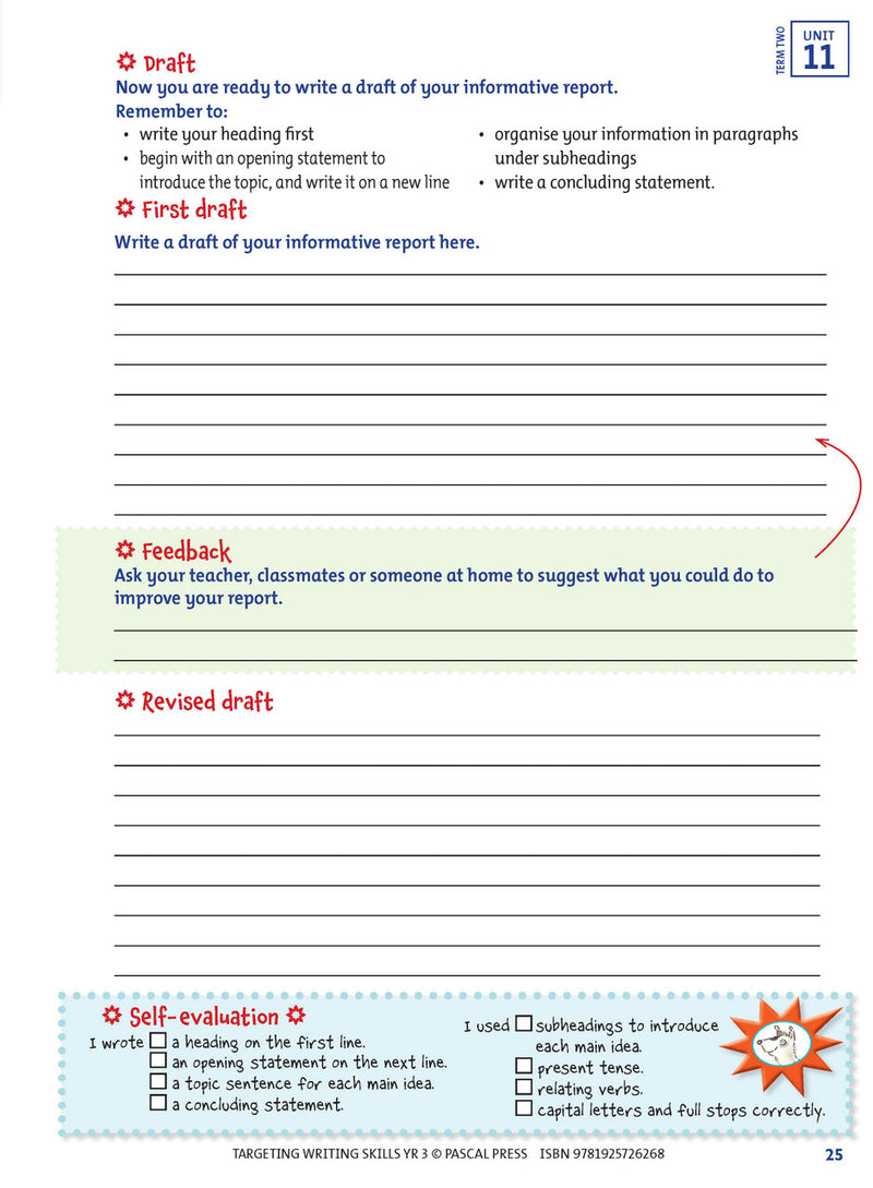 Sample interior page from Targeting Writing Skills Year 3 showing part of a writing unit