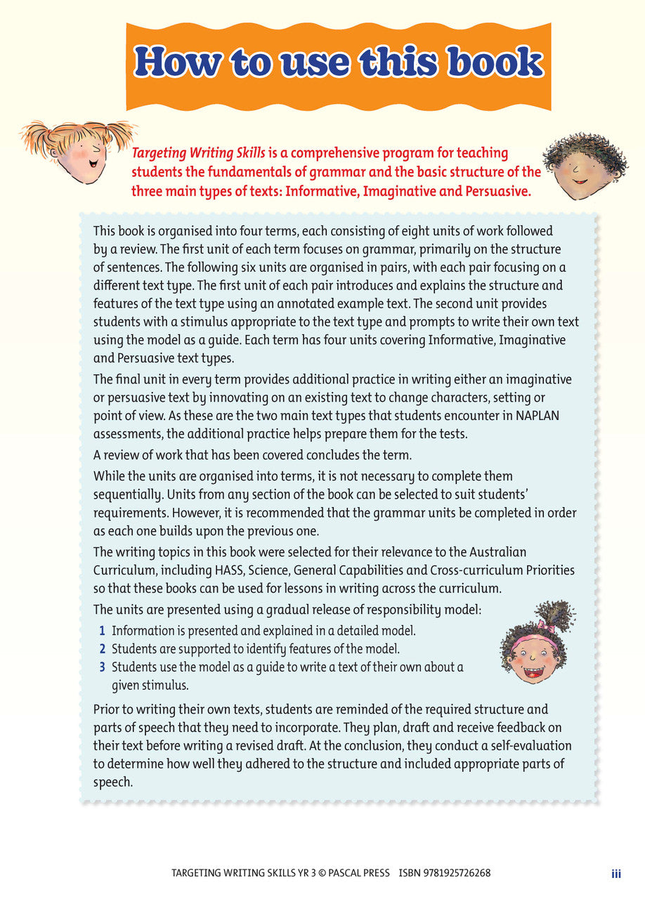 Sample interior page from Targeting Writing Skills Year 3 showing part of a writing unit