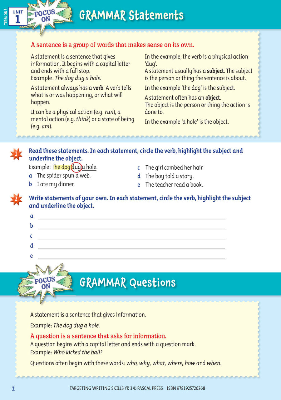Sample interior page from Targeting Writing Skills Year 3 showing part of a writing unit