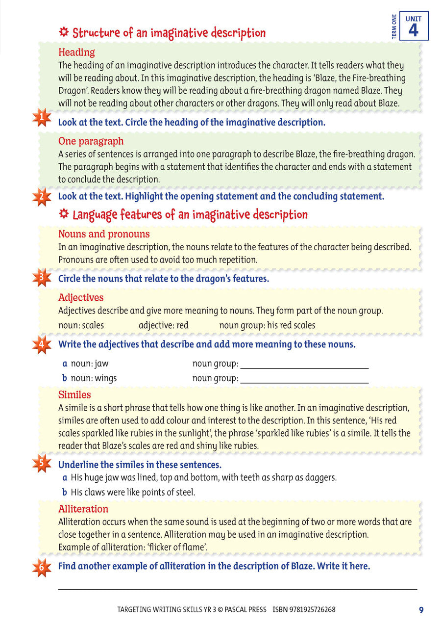 Sample interior page from Targeting Writing Skills Year 3 showing part of a writing unit
