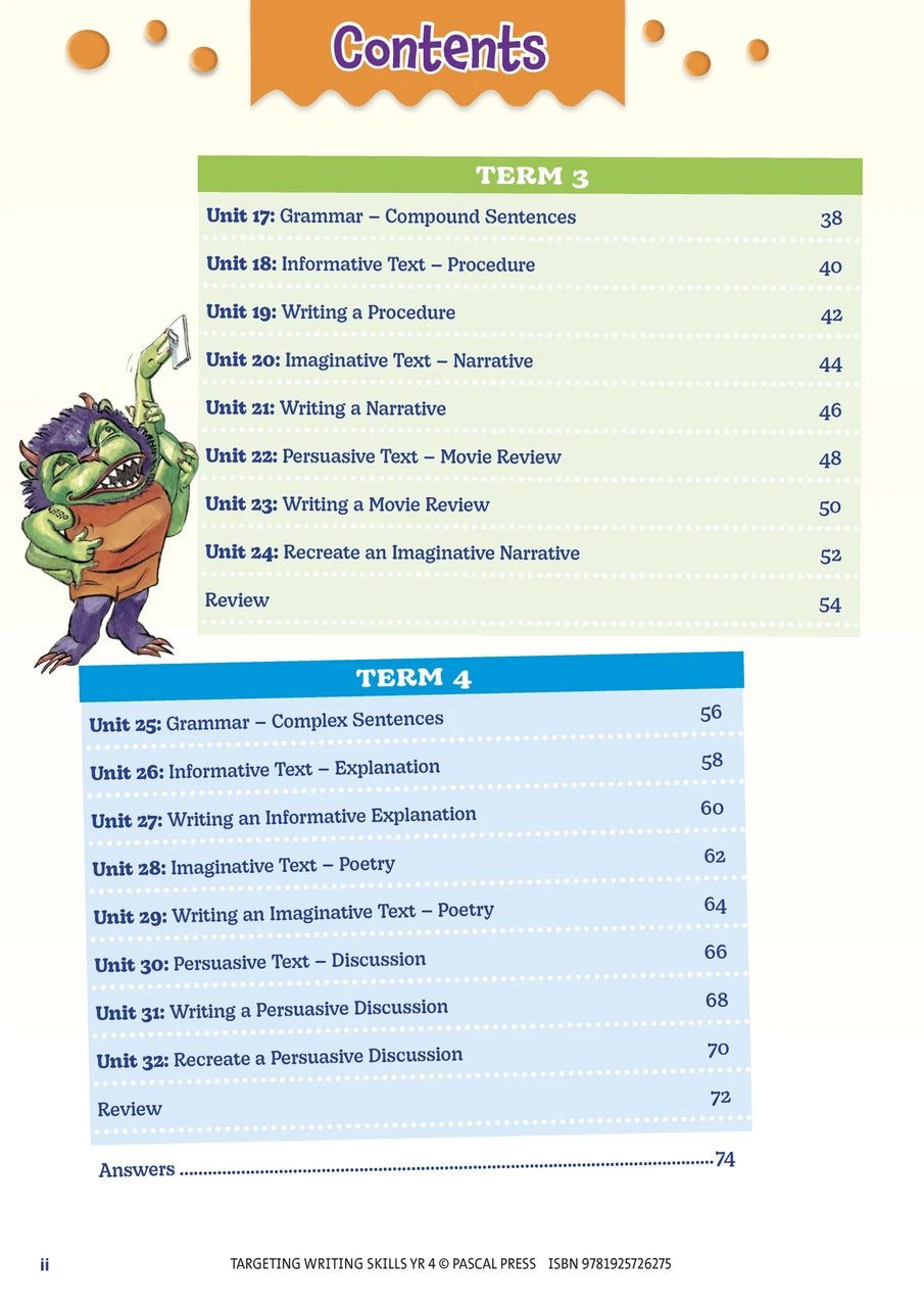 Sample interior page from Targeting Writing Skills Year 4, shown in the publisher's preview gallery
