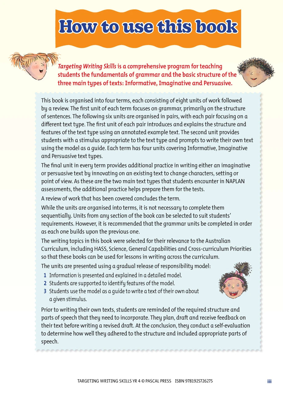 Sample interior page from Targeting Writing Skills Year 4, shown in the publisher's preview gallery