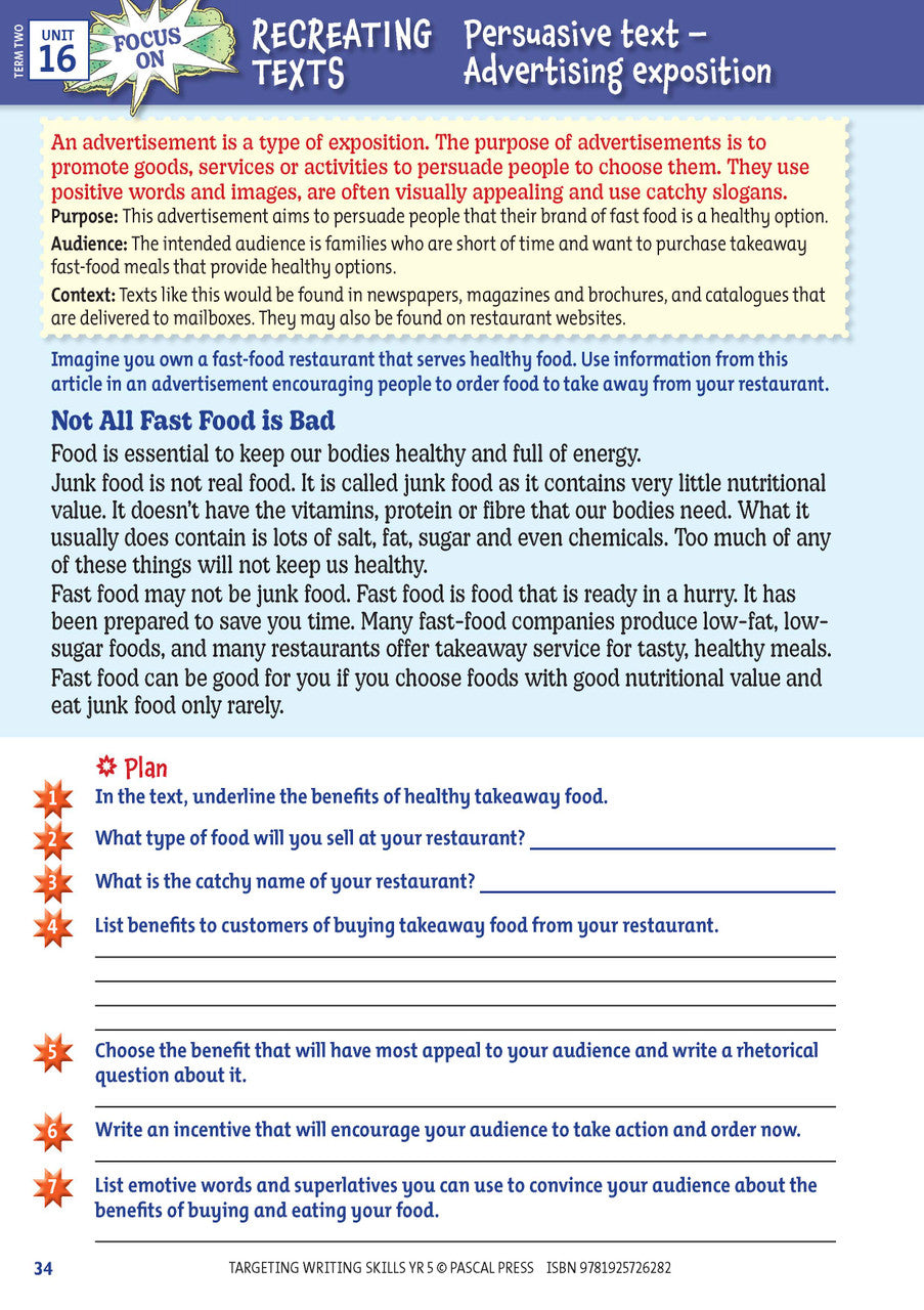 Sample interior page from Targeting Writing Skills Year 5, shown in the publisher's preview gallery