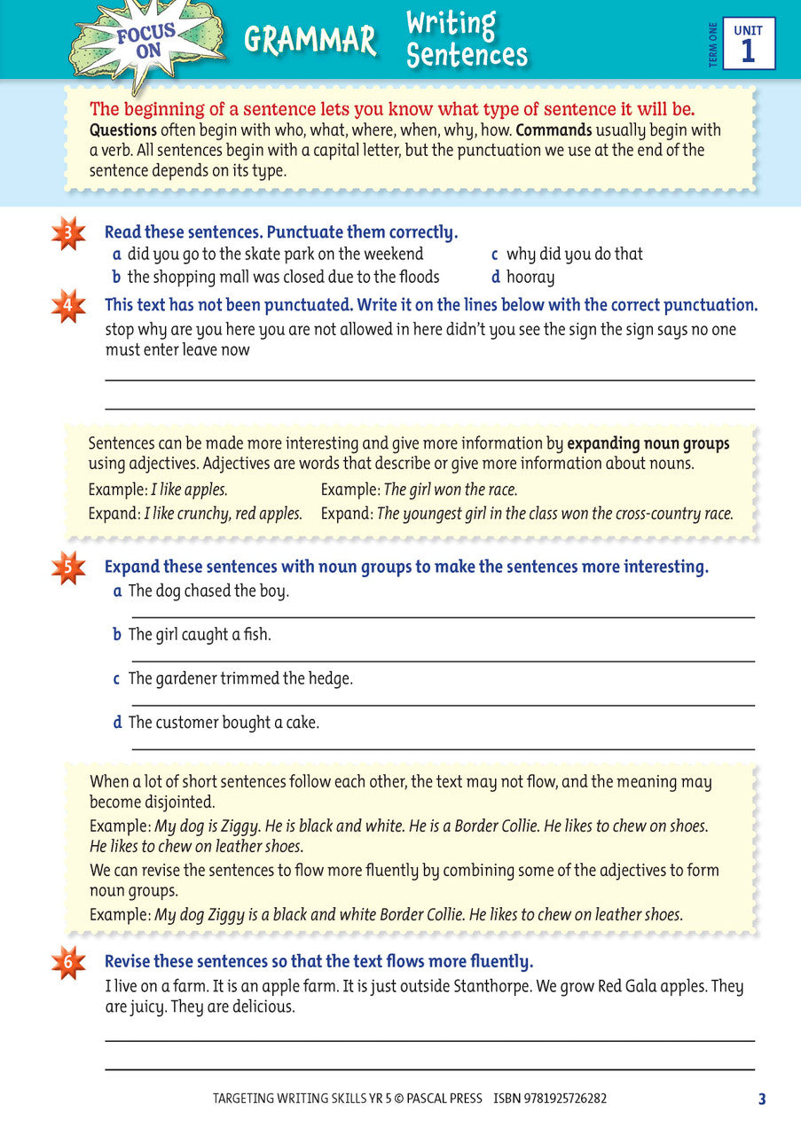 Sample interior page from Targeting Writing Skills Year 5, shown in the publisher's preview gallery
