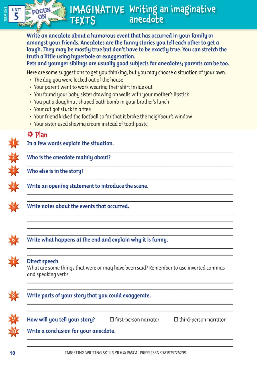 Sample interior page from Targeting Writing Skills Year 6, shown in the publisher's preview gallery