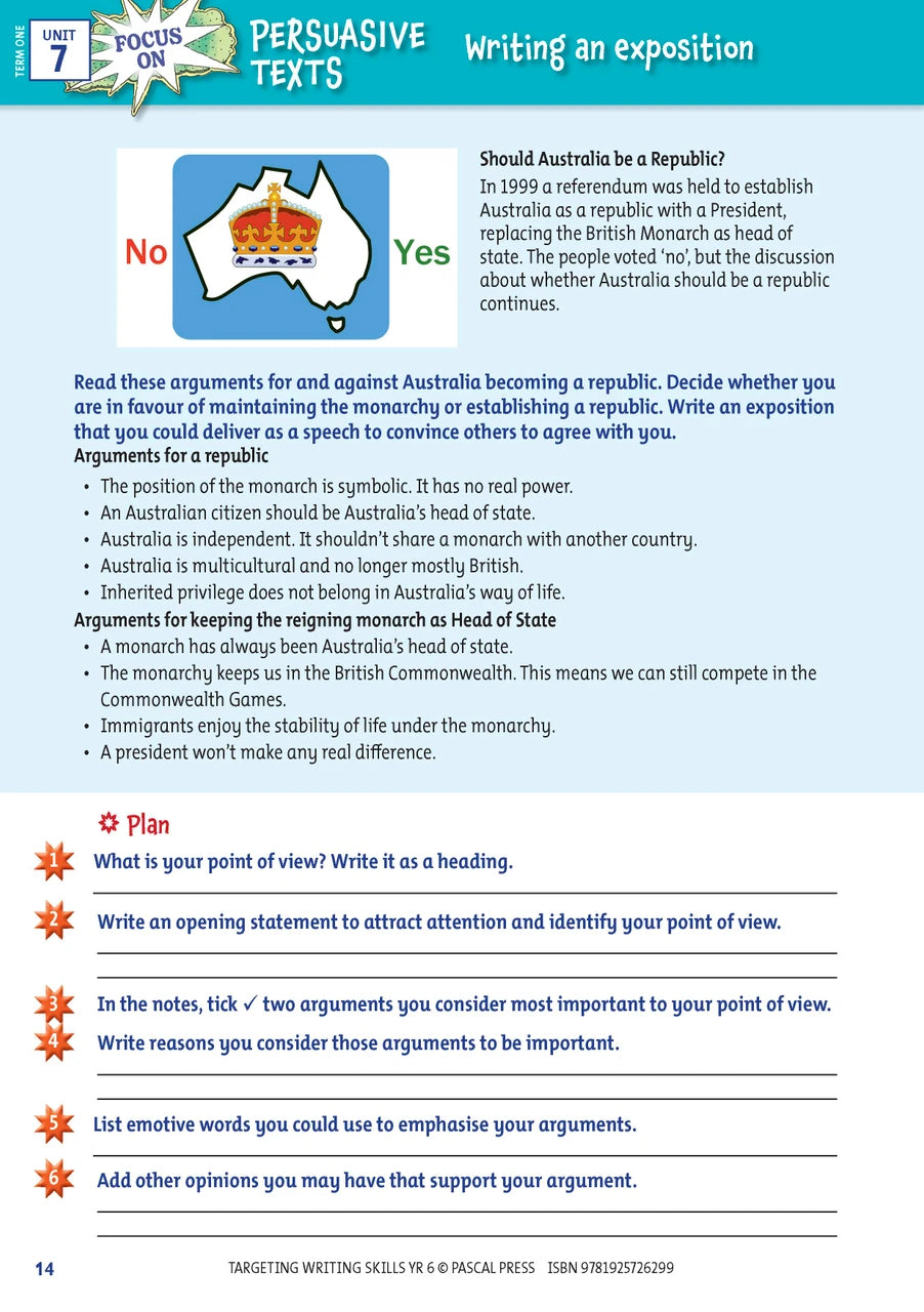 Sample interior page from Targeting Writing Skills Year 6, shown in the publisher's preview gallery