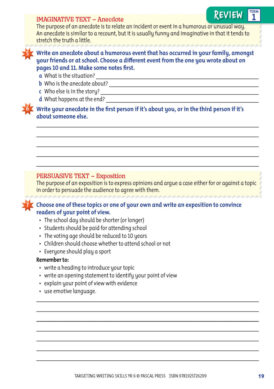 Sample interior page from Targeting Writing Skills Year 6, shown in the publisher's preview gallery