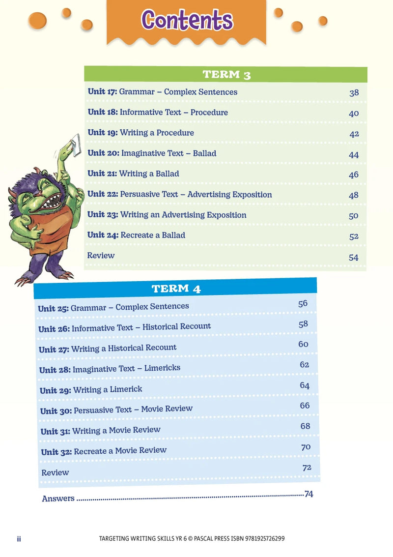 Sample interior page from Targeting Writing Skills Year 6, shown in the publisher's preview gallery