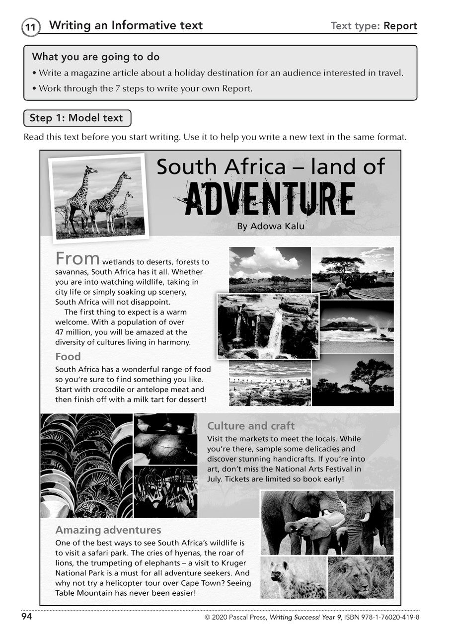 Sample interior page from the Writing Success Year 9 Workbook as shown in the Pascal Press product gallery