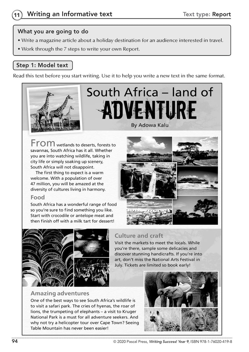 Sample interior page from the Writing Success Year 9 Workbook as shown in the Pascal Press product gallery