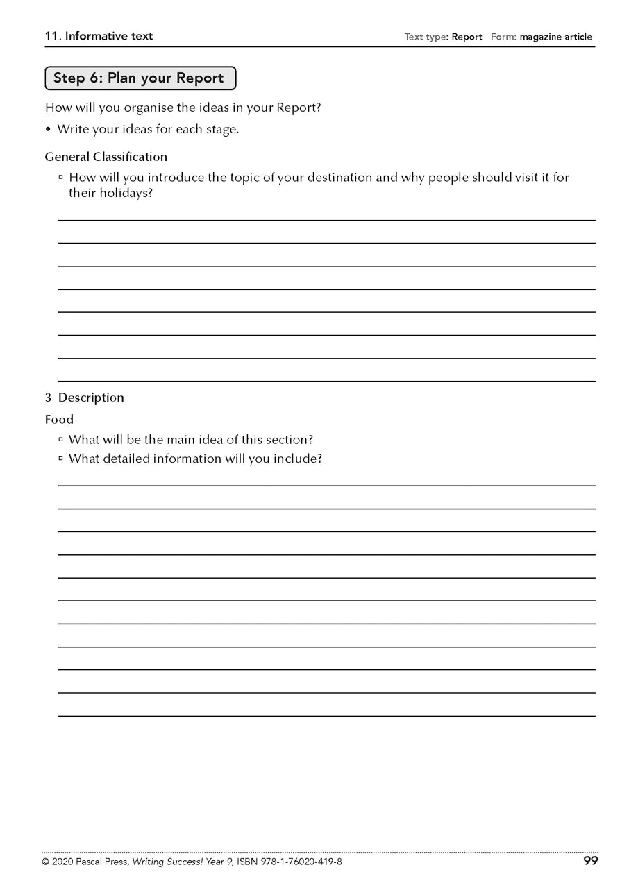 Sample interior page from the Writing Success Year 9 Workbook as shown in the Pascal Press product gallery