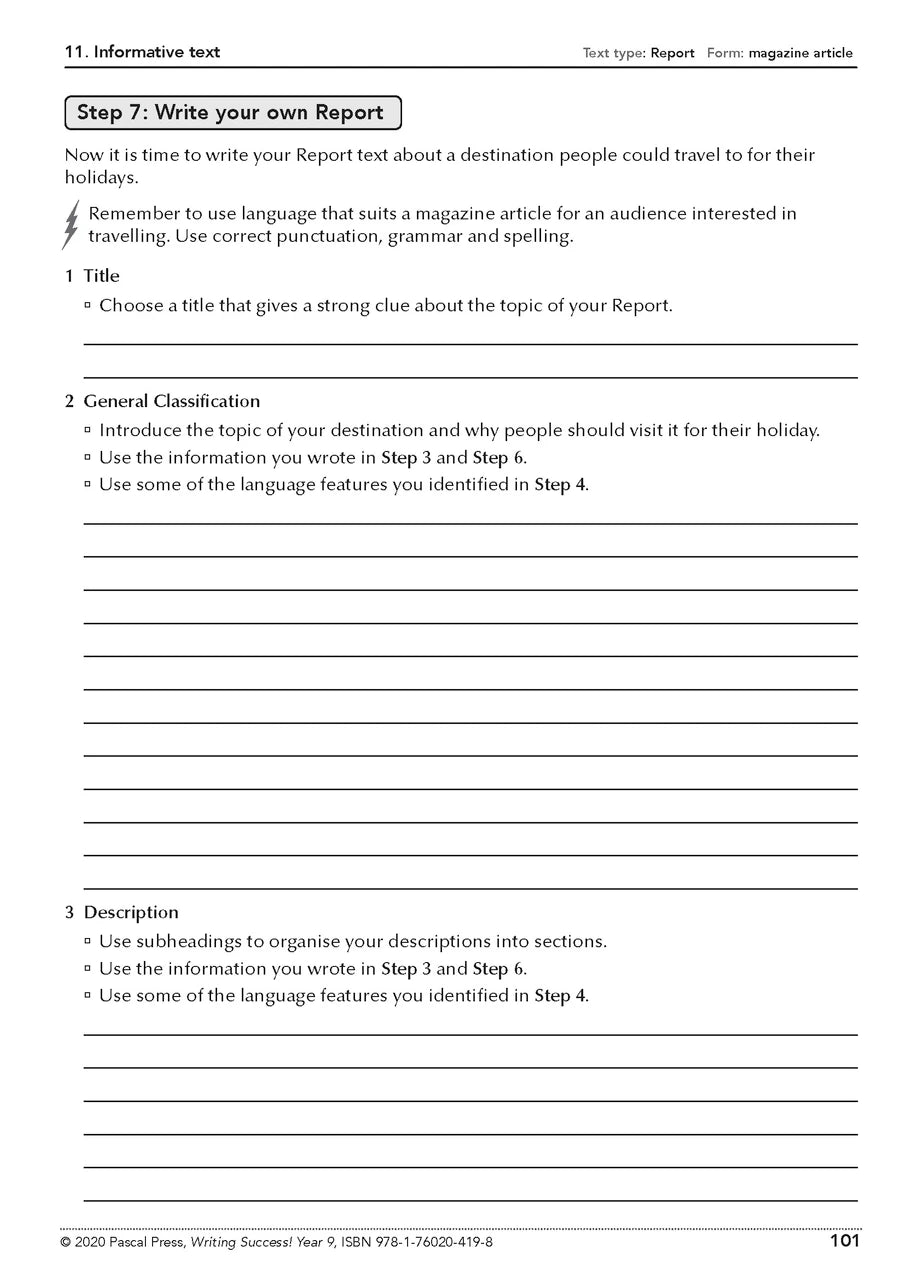 Sample interior page from the Writing Success Year 9 Workbook as shown in the Pascal Press product gallery