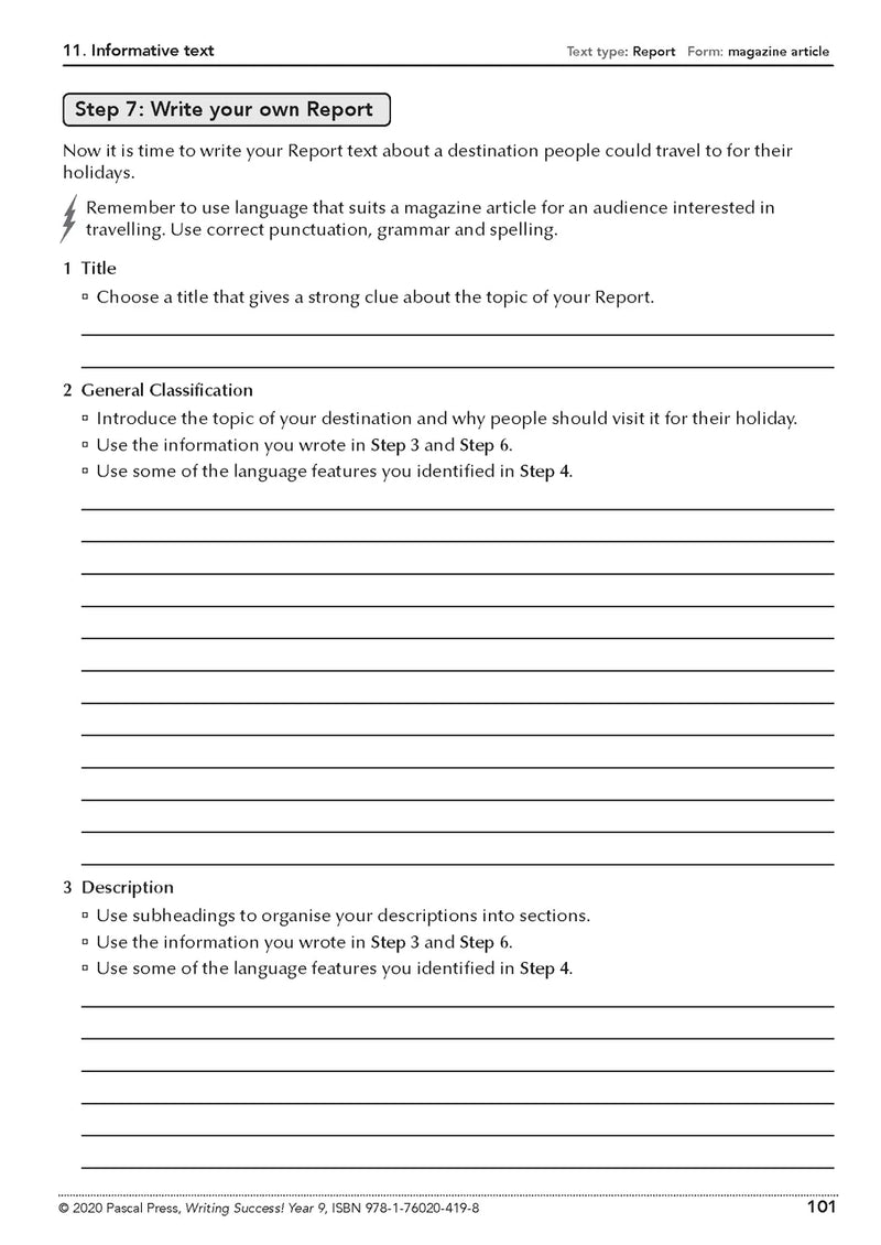 Sample interior page from the Writing Success Year 9 Workbook as shown in the Pascal Press product gallery