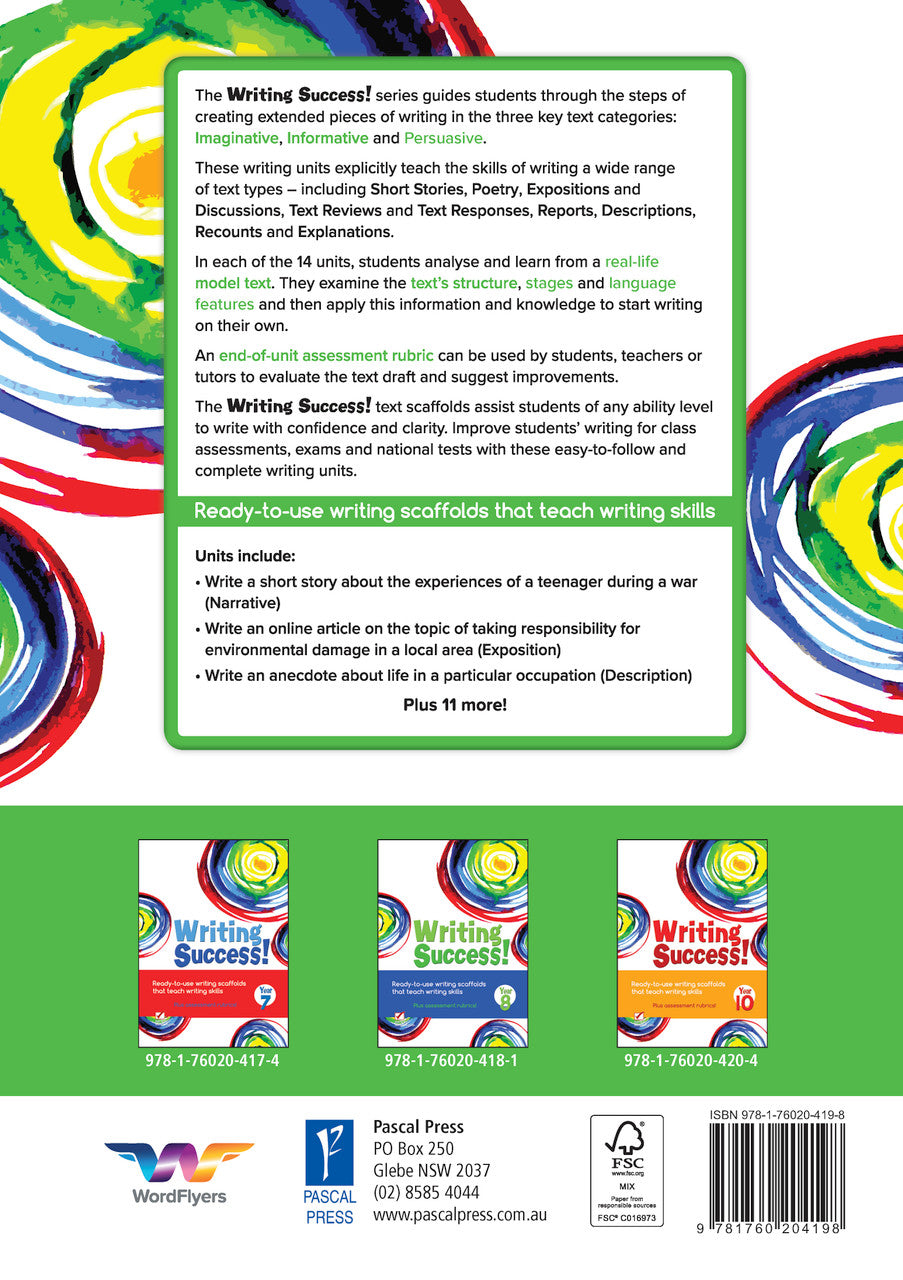 Back cover of the Writing Success Year 9 Workbook as shown in the Pascal Press product gallery