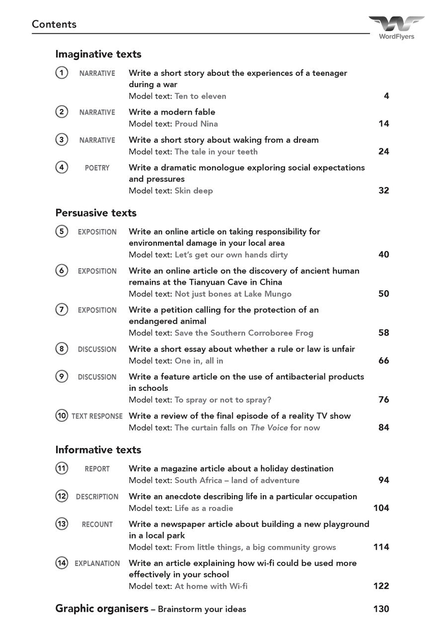 Contents page from the Writing Success Year 9 Workbook listing the units and topics covered