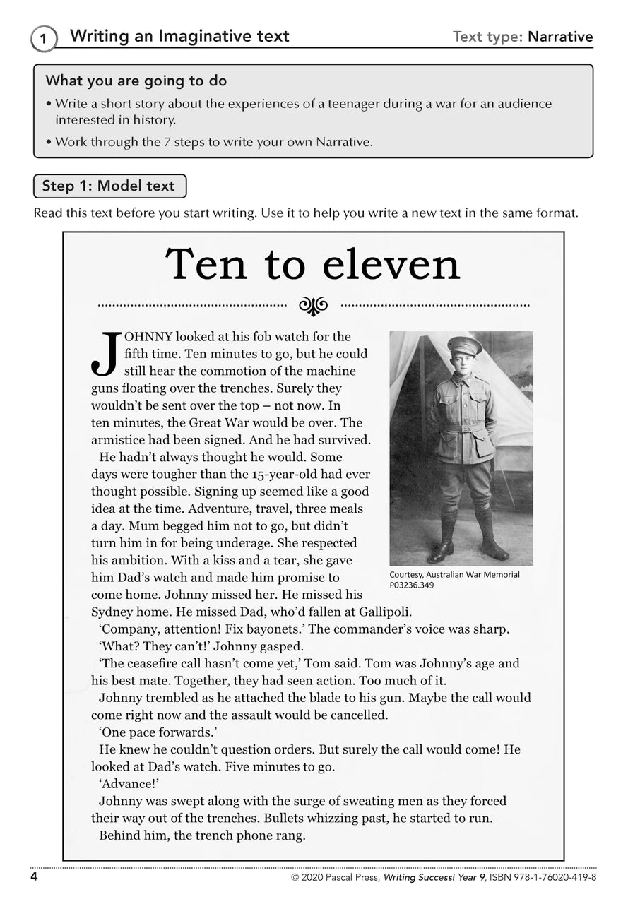Sample interior page from the Writing Success Year 9 Workbook as shown in the Pascal Press product gallery