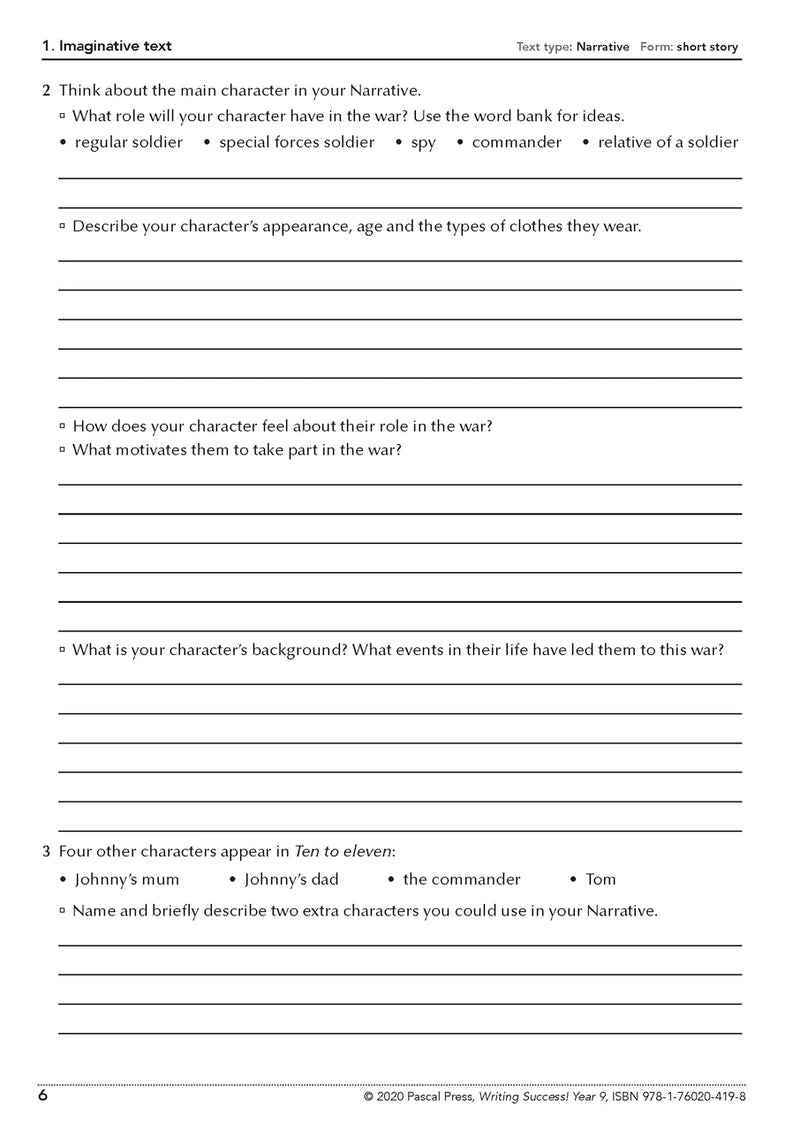 Sample interior page from the Writing Success Year 9 Workbook as shown in the Pascal Press product gallery