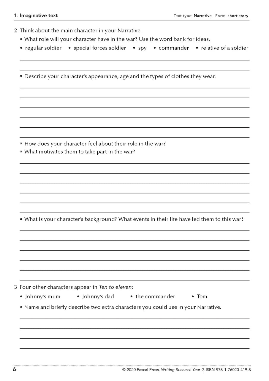Sample interior page from the Writing Success Year 9 Workbook as shown in the Pascal Press product gallery