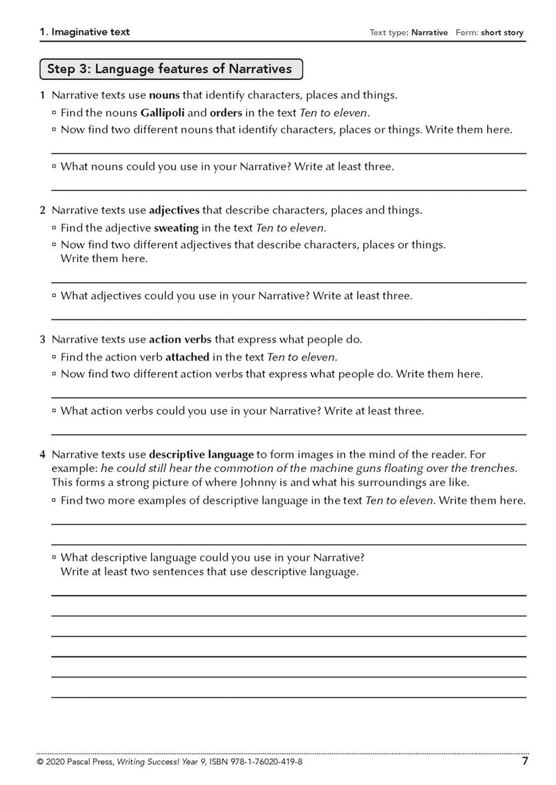 Sample interior page from the Writing Success Year 9 Workbook as shown in the Pascal Press product gallery