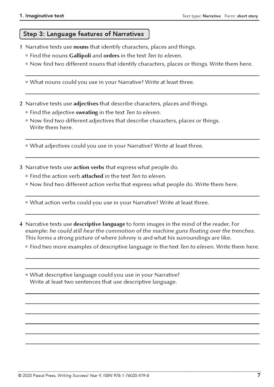 Sample interior page from the Writing Success Year 9 Workbook as shown in the Pascal Press product gallery