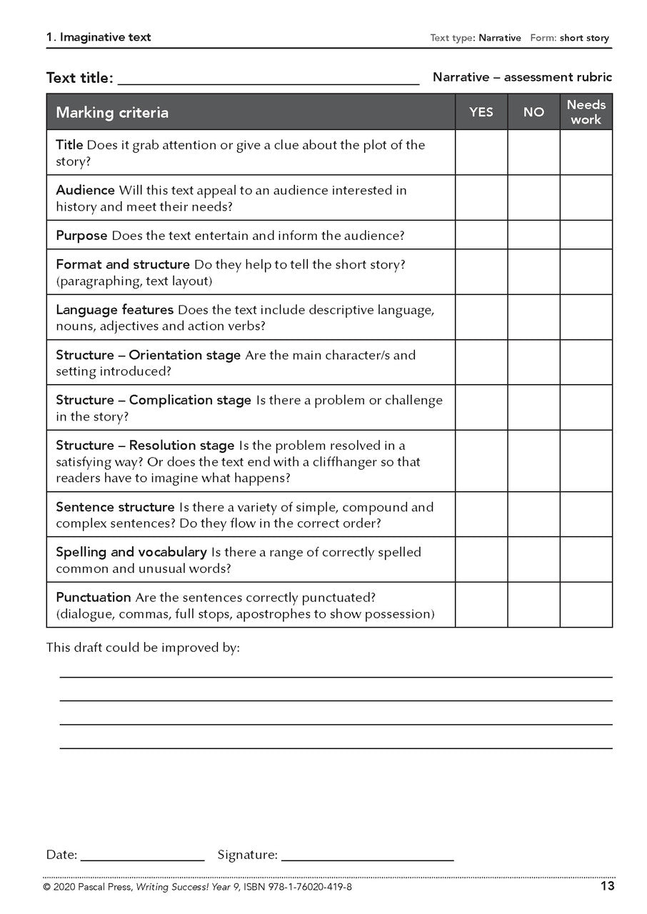 Sample interior page from the Writing Success Year 9 Workbook as shown in the Pascal Press product gallery