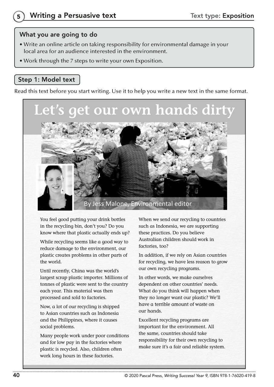 Sample interior page from the Writing Success Year 9 Workbook as shown in the Pascal Press product gallery