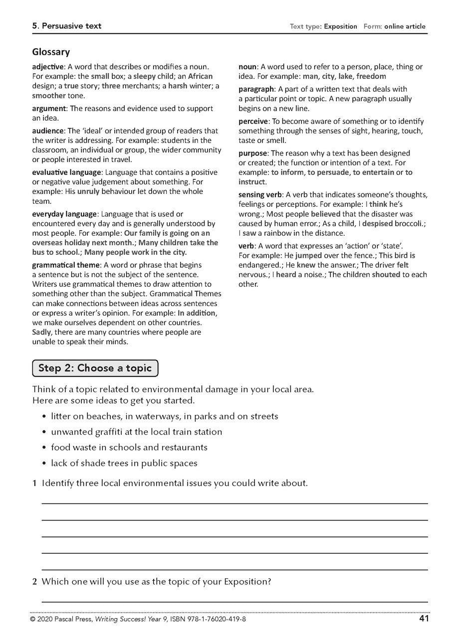 Sample interior page from the Writing Success Year 9 Workbook as shown in the Pascal Press product gallery