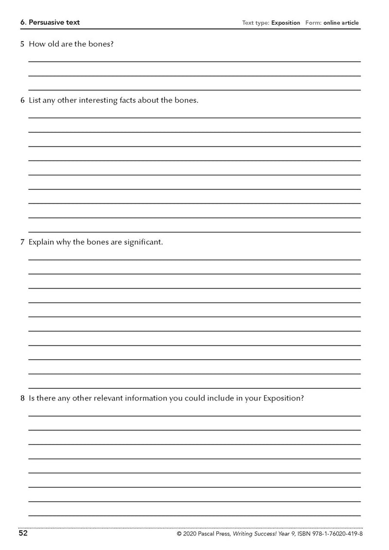 Sample interior page from the Writing Success Year 9 Workbook as shown in the Pascal Press product gallery