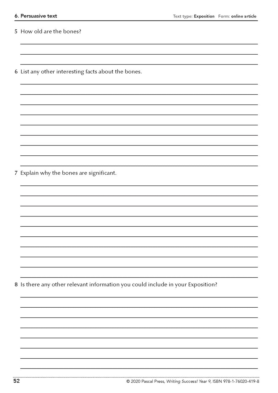 Sample interior page from the Writing Success Year 9 Workbook as shown in the Pascal Press product gallery