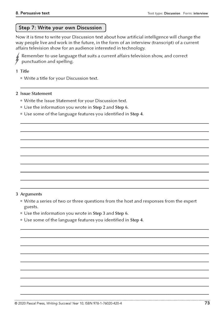 Sample interior page from the Writing Success Year 10 Workbook as shown in the Pascal Press product gallery