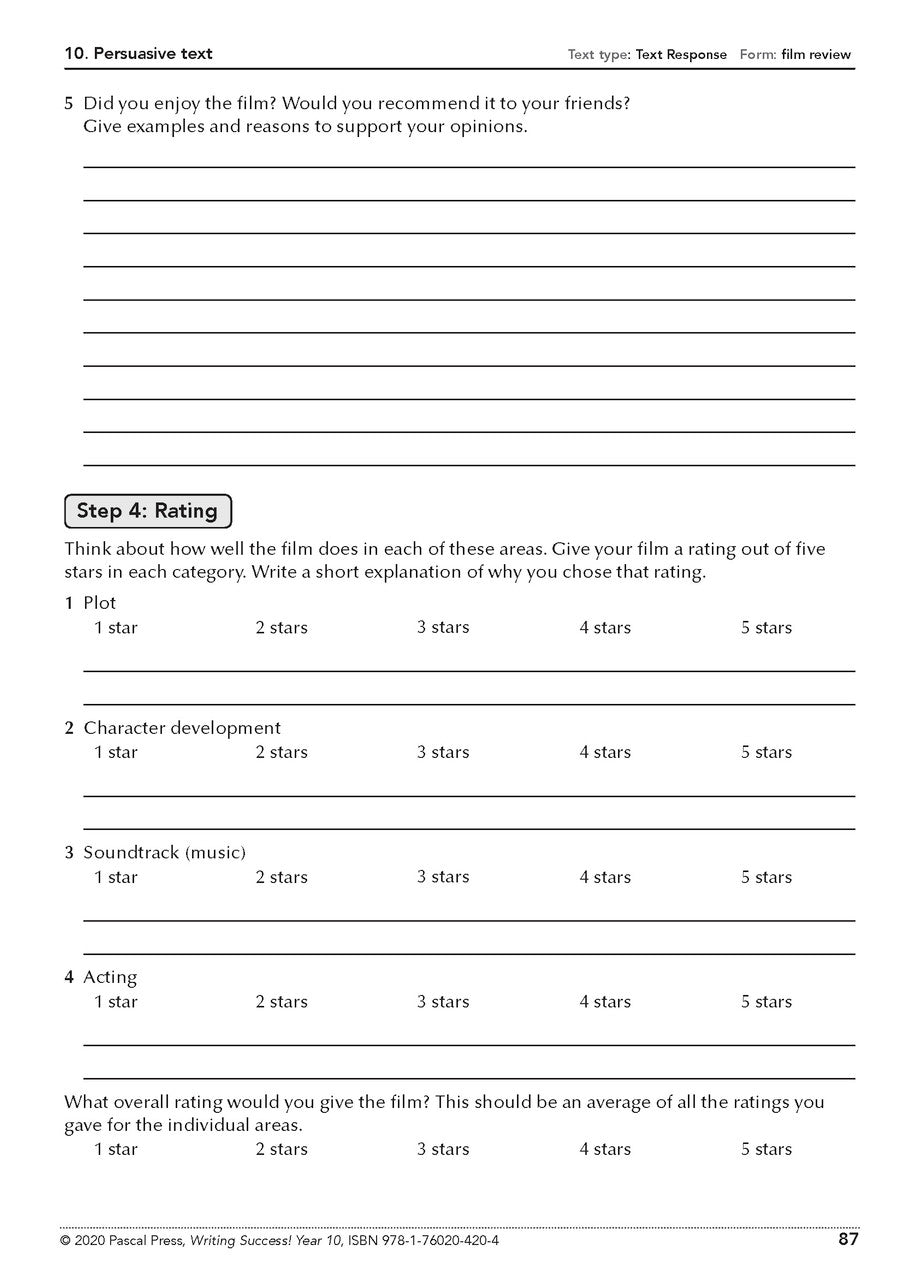 Sample interior page from the Writing Success Year 10 Workbook as shown in the Pascal Press product gallery