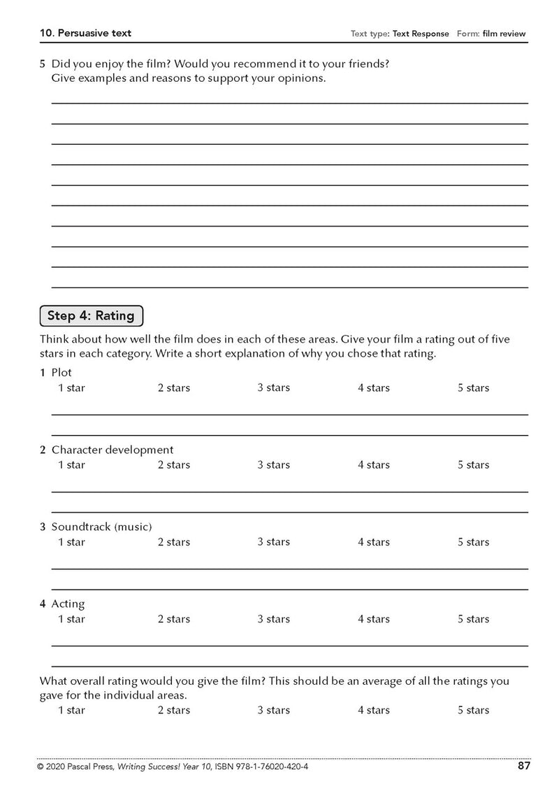 Sample interior page from the Writing Success Year 10 Workbook as shown in the Pascal Press product gallery