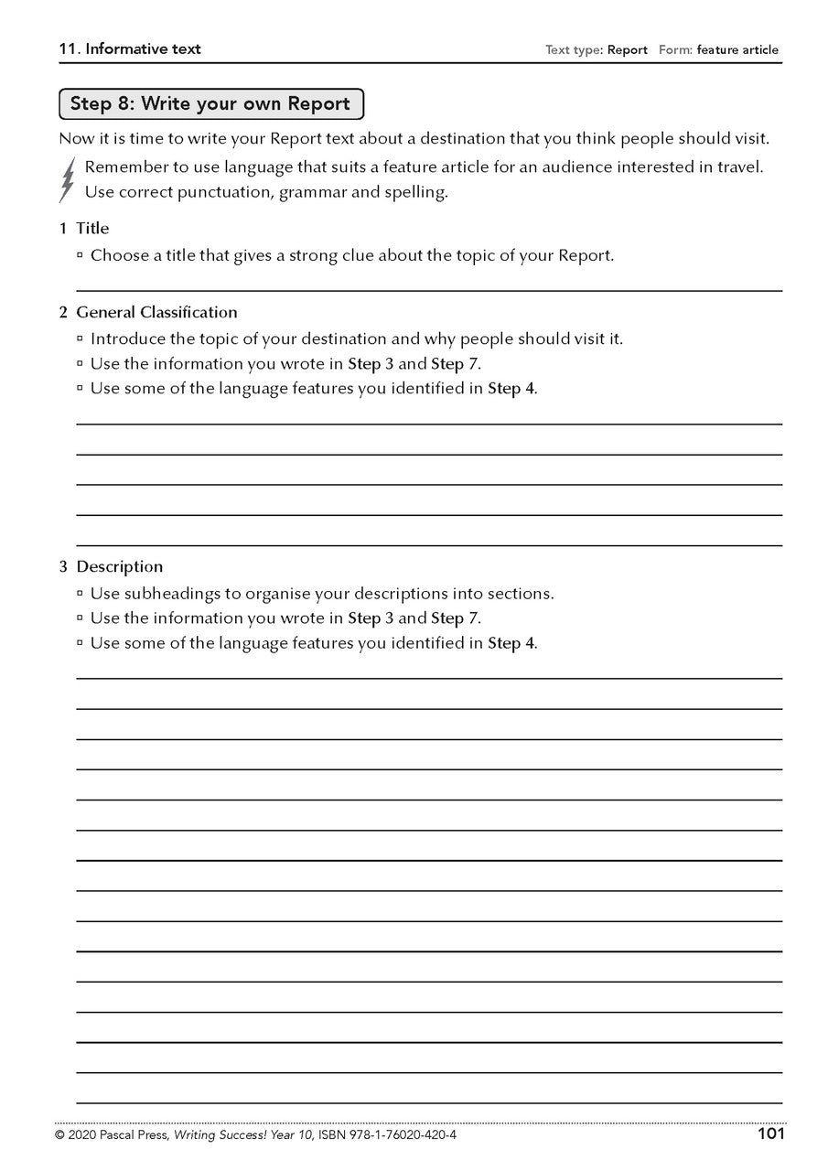 Sample interior page from the Writing Success Year 10 Workbook as shown in the Pascal Press product gallery