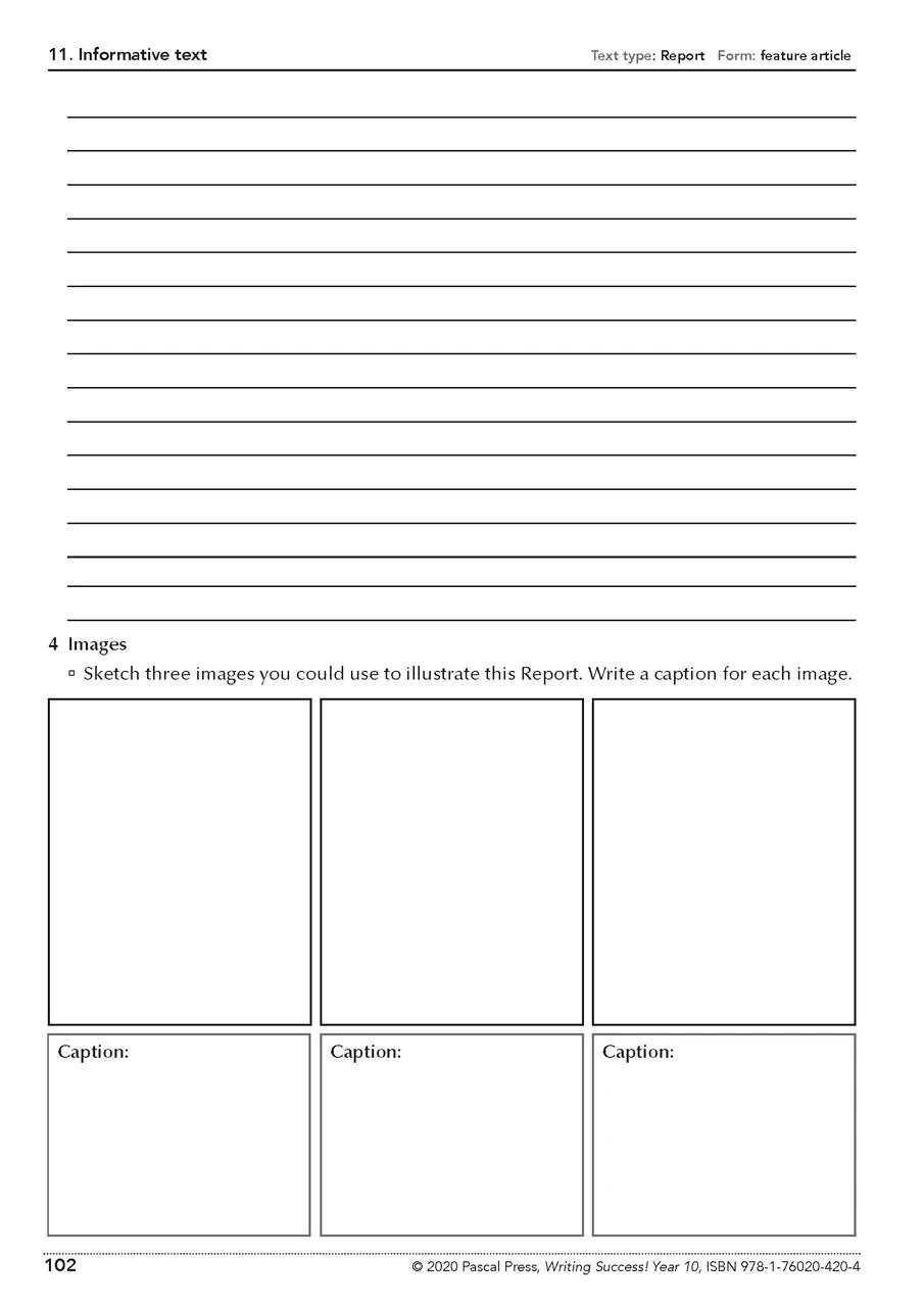 Sample interior page from the Writing Success Year 10 Workbook as shown in the Pascal Press product gallery