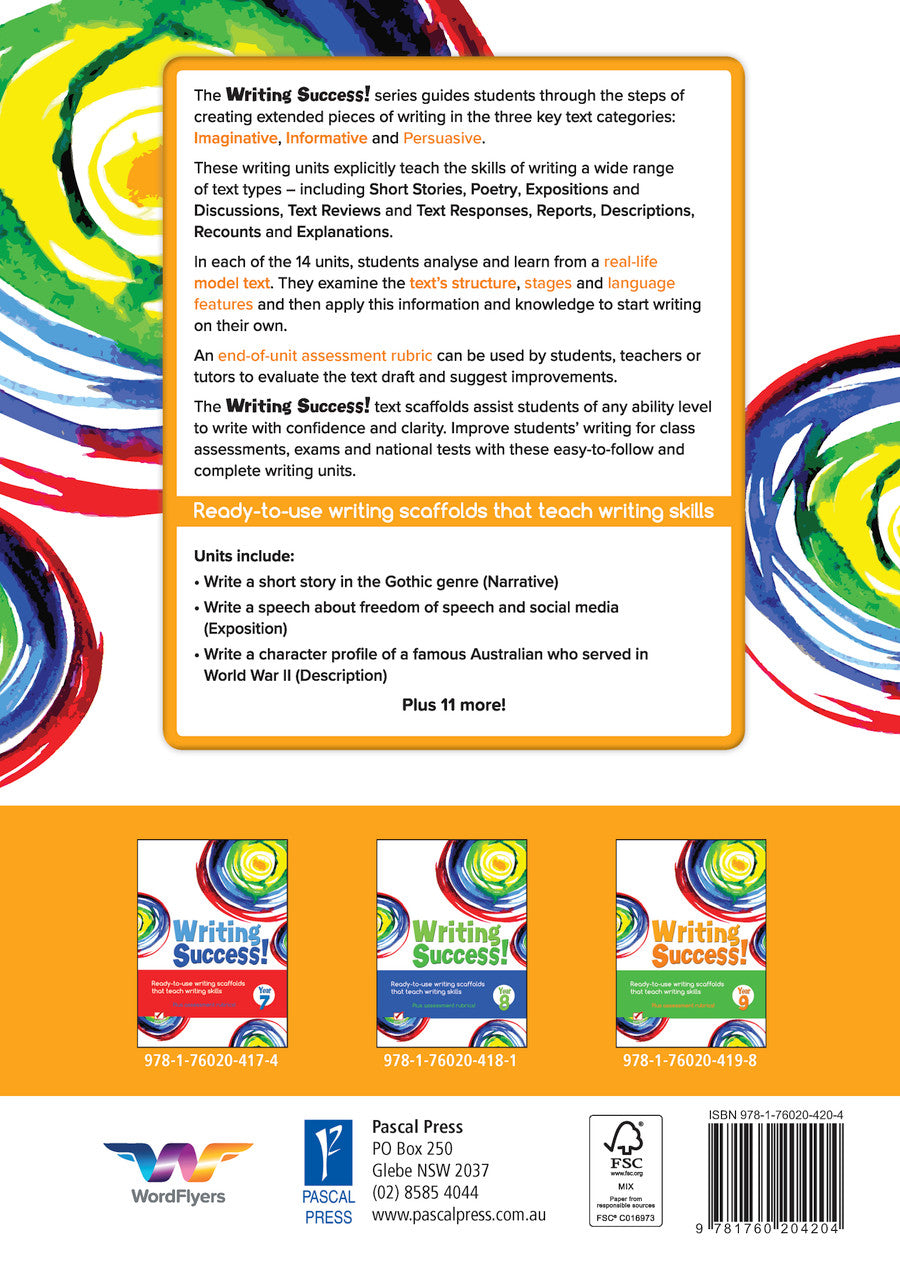 Back cover of the Writing Success Year 10 Workbook as shown in the Pascal Press product gallery