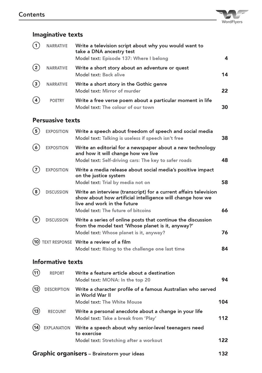 Contents page from the Writing Success Year 10 Workbook listing the units and topics covered