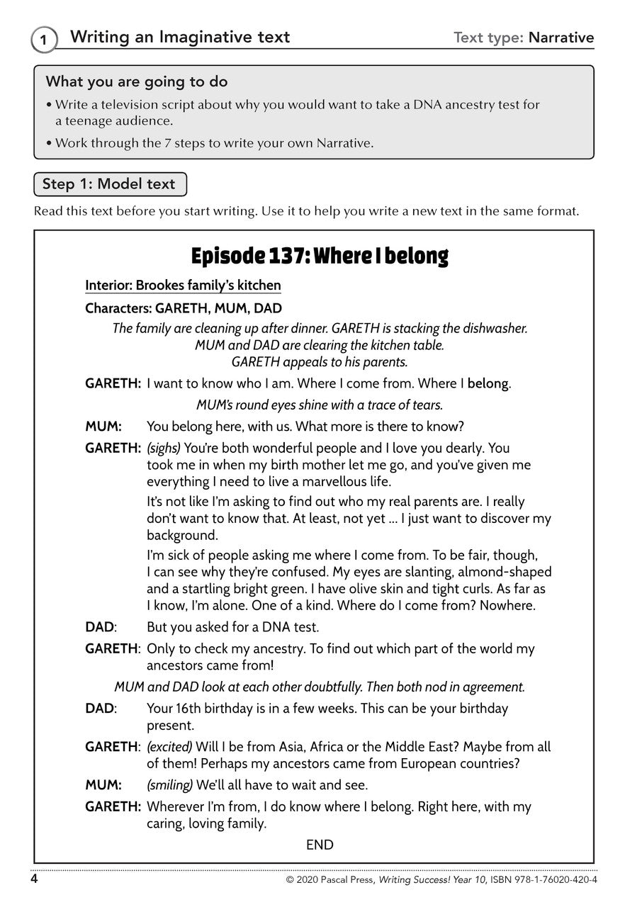 Sample interior page from the Writing Success Year 10 Workbook as shown in the Pascal Press product gallery