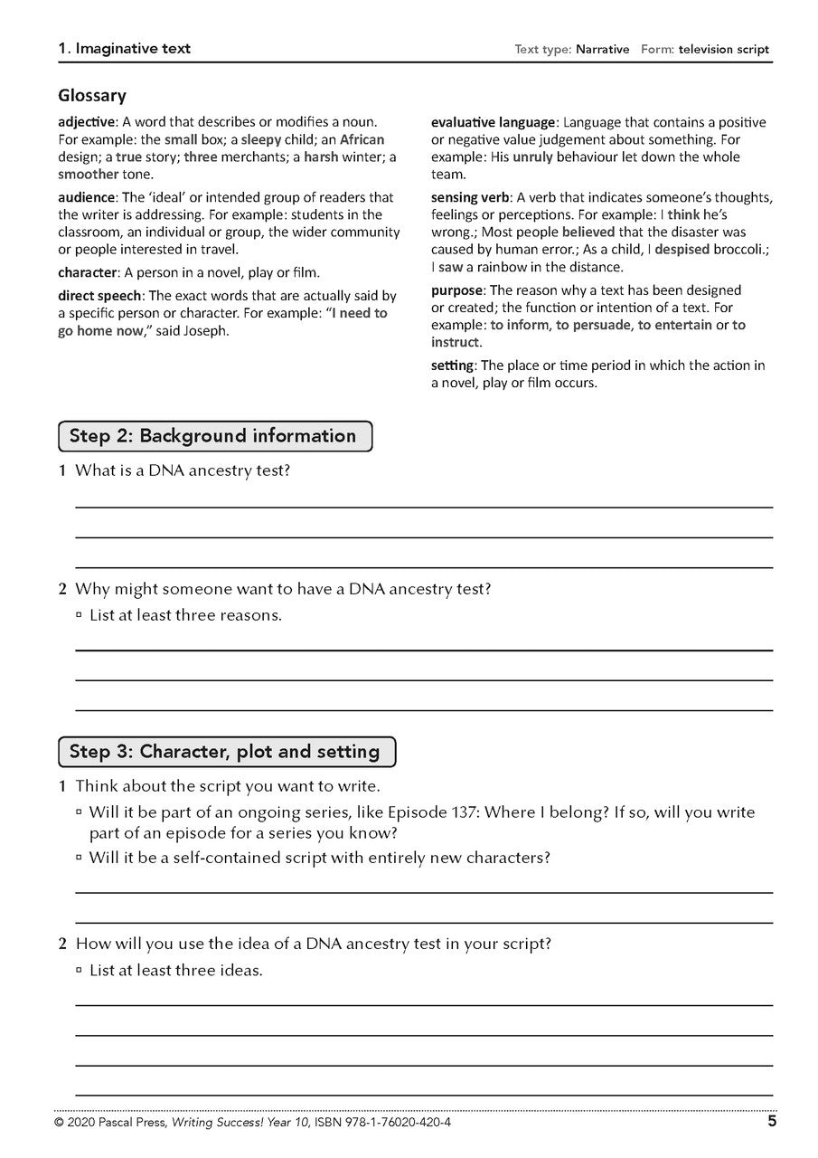Sample interior page from the Writing Success Year 10 Workbook as shown in the Pascal Press product gallery