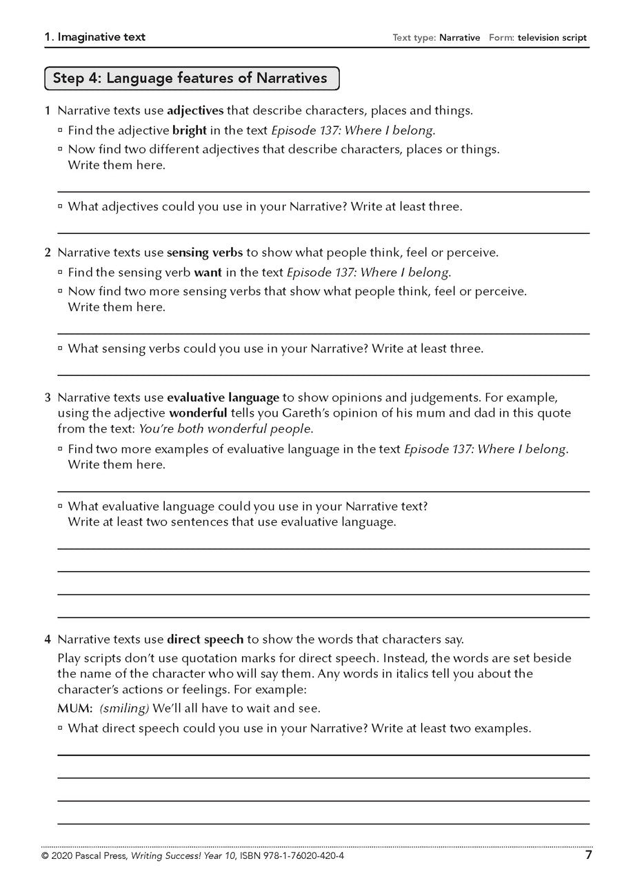 Sample interior page from the Writing Success Year 10 Workbook as shown in the Pascal Press product gallery