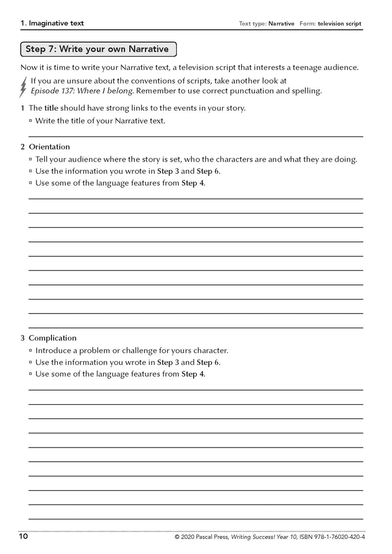 Sample interior page from the Writing Success Year 10 Workbook as shown in the Pascal Press product gallery