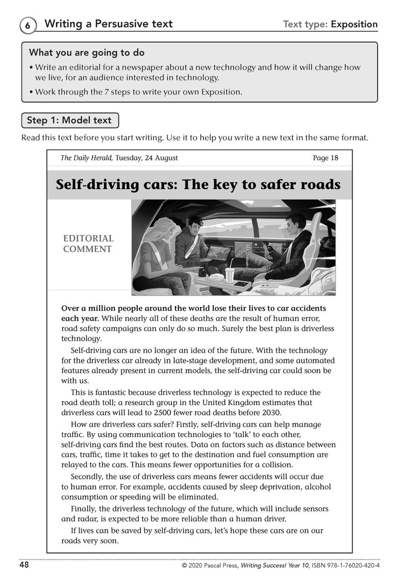 Sample interior page from the Writing Success Year 10 Workbook as shown in the Pascal Press product gallery