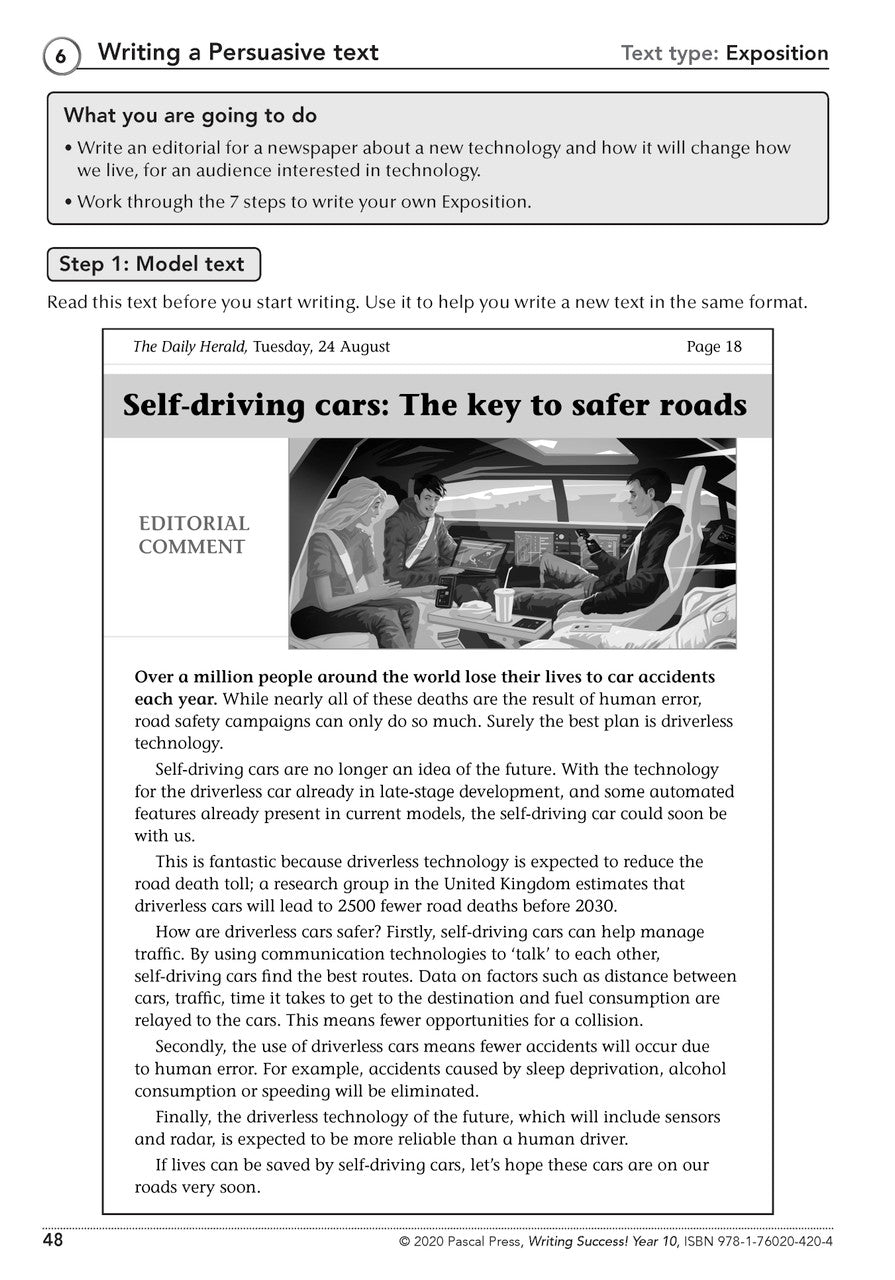 Sample interior page from the Writing Success Year 10 Workbook as shown in the Pascal Press product gallery