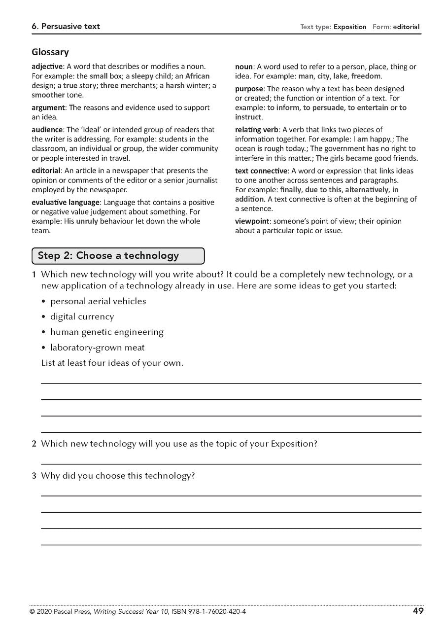 Sample interior page from the Writing Success Year 10 Workbook as shown in the Pascal Press product gallery