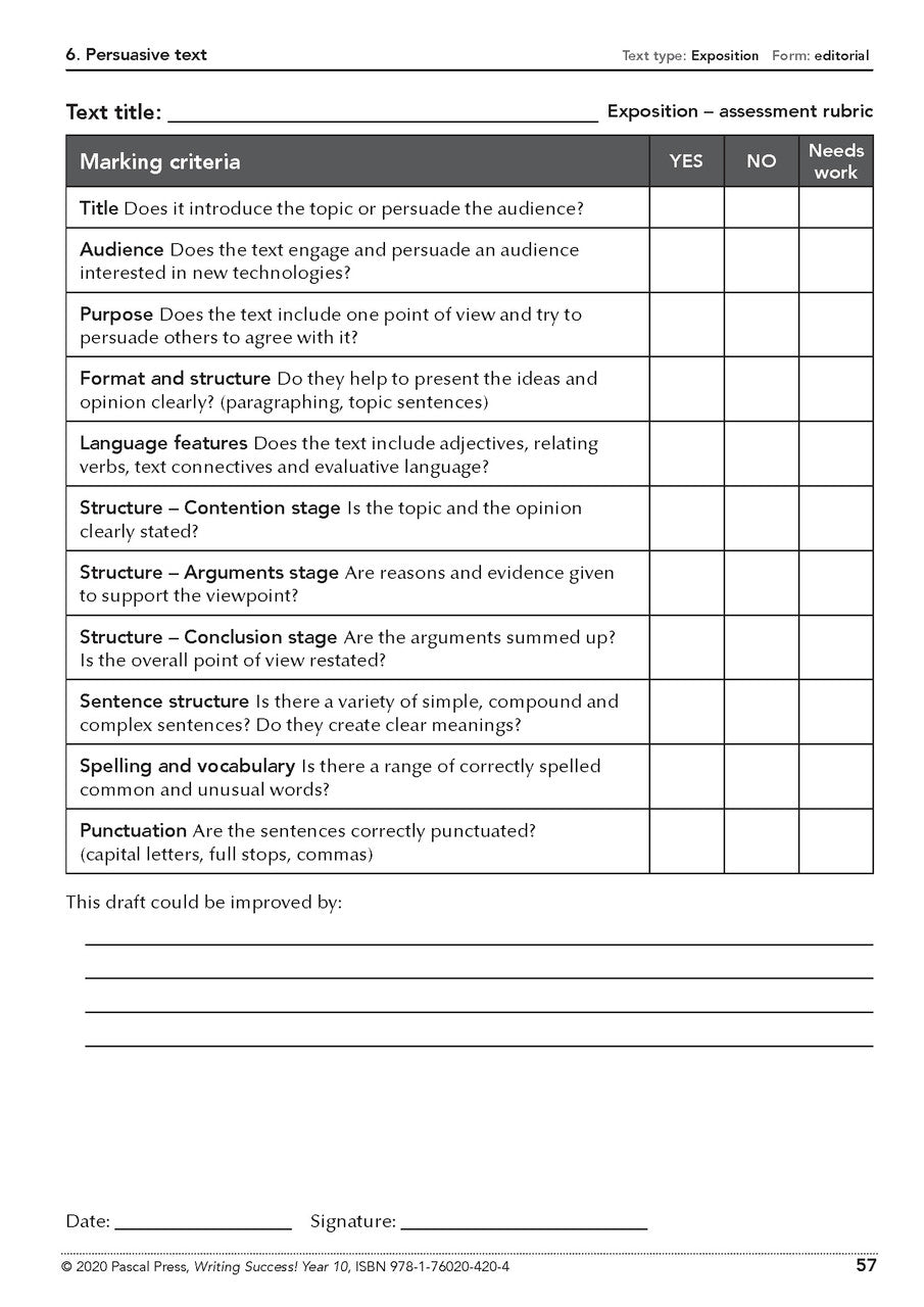 Sample interior page from the Writing Success Year 10 Workbook as shown in the Pascal Press product gallery