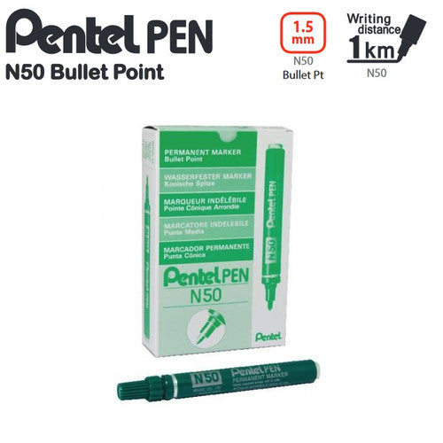 Pentel N50 permanent marker bullet point 1.5mm green front view on white background