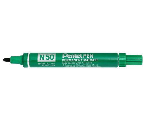 Close-up of Pentel N50 bullet tip showing 1.5mm bonded fibre tip in green
