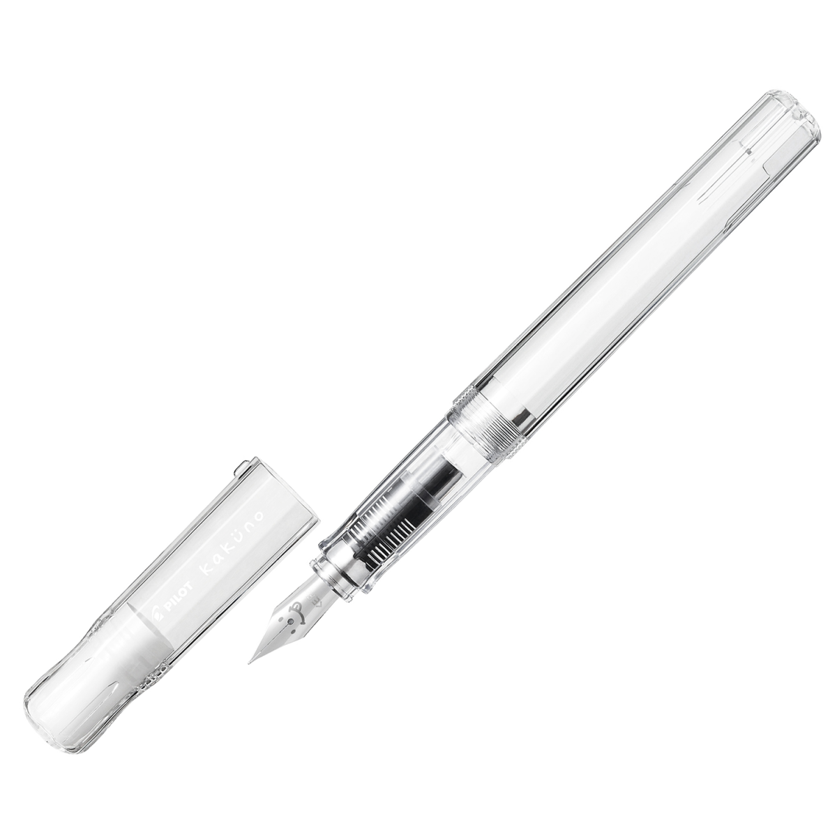Pilot BegreeN Kakuno fountain pen, Extra Fine Nib Clear Cap and Barrel, an eco recycled-material fountain pen with a triangular grip and a smiling-face engraved nib, shown on a white background.